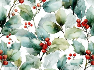 Lovely misty Christmas watercolor pattern with a few scattered large beautiful sprigs of green holly and red berries 
