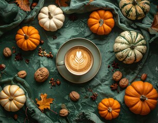 Autumnal arrangement with coffee, gourds, nuts, leaves, and spices on green fabric