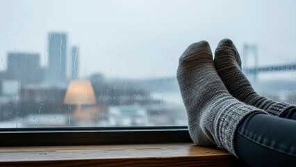 Cozy Socks and City View on a Gloomy Day.
