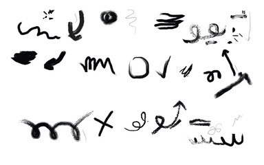 Black ink brush stroke elements and symbols white graphic