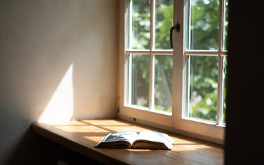 Open book rests on sunlit wooden window sill white window frame
