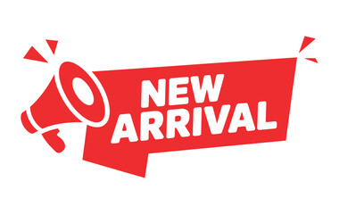 A dynamic red new arrival banner featuring a megaphone icon for product launch announcement