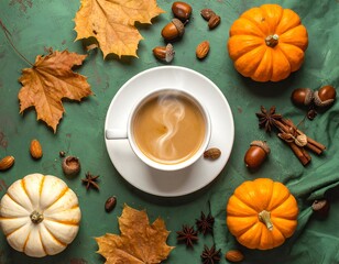 A top-down shot of a white cup of coffee surrounded by fall foliage & mini pumpkins