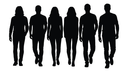 a group of six people walking forward depicted in a striking black silhouette