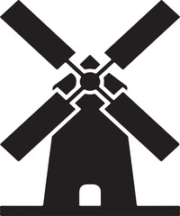 Black silhouette of a traditional windmill with four sails and a base white