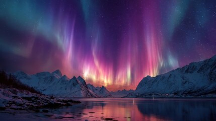 Stunning Northern Lights (Aurora Borealis) illuminating snowy mountains and a frozen lake under a starry night sky