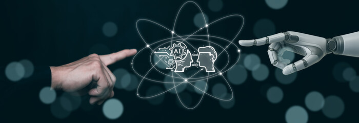 A human hand and a robotic hand pointing toward an AI intelligence interface, symbolizing human and artificial intelligence collaboration, innovation, and future technology.