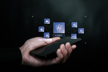 A hand holding a smartphone with an AI agents interface, representing artificial intelligence automation, smart technology, mobile computing, and secure digital services.