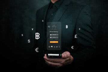 A businessman holding a smartphone with a mobile banking login interface and currency symbols, representing digital finance, online banking, fintech, and secure financial technology.