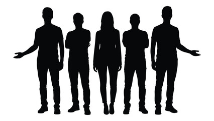 A group of five people standing together in a dark striking silhouette