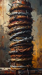 Twisted barbed wire pillar against a textured background