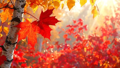 Vibrant autumn leaves in a sunlit forest, with focus on a red maple leaf