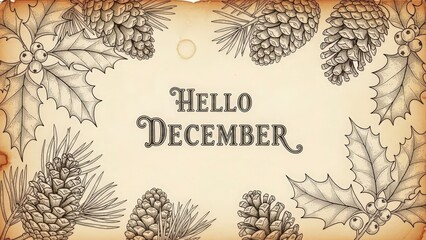 Hello December vintage greeting card with hand drawn pine cones and holly leaves border.