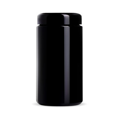 Black supplement container. Isolated glossy plastic jar design. Fitness vitamin bottle template, modern package illustration. Protein powder jar, muscle bodybuilding sport. Round screw cap storage