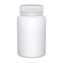 White medicine pill bottle, pharmacy tablet package isolated blank. Vitamin jar illustration, clean template for logotype. Empty prescription medication capsule can. Healthy cosmetic remedy