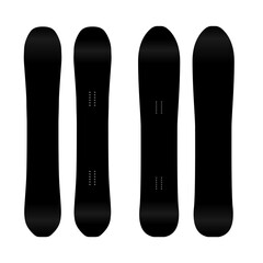 Snowboard template illustration, extreme sport lifestyle. Snowboarder equipment blank set. Snowboarding gear, front and back deck silhouette, icon style collection. Black desk mock up