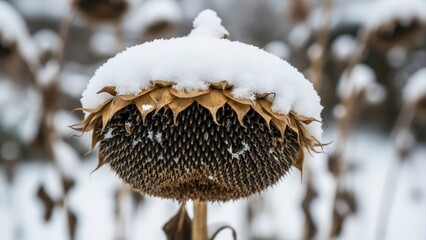 Frozen Sunflower Head Covered in Snow in Winter Field.