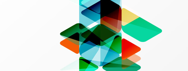 Abstract geometric shapes overlap, creating vibrant color blends. Composition features transparency, layering, modern design elements.