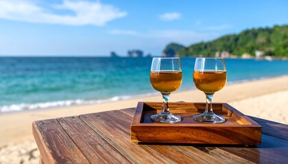 Two wine glasses on a wooden tray, beach background, sunny day