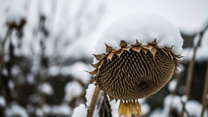 Dried Sunflower Head Covered in Snow in Winter Garden.