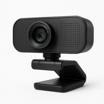 Webcam nera per videoconferenze con clip da monitor isolata su sfondo chiaro. Generative AI