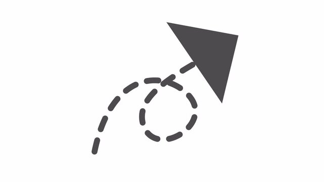 Animated dashed curved arrow pointing direction in transparent background. Navigation line art in a cartoon animation. Minimalist progress performance symbol.