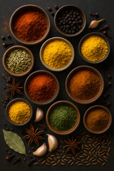 An overhead shot showcasing a vibrant assortment of aromatic spices and herbs in small wooden bowls, artfully arranged on a dark background with scattered ingredients.
