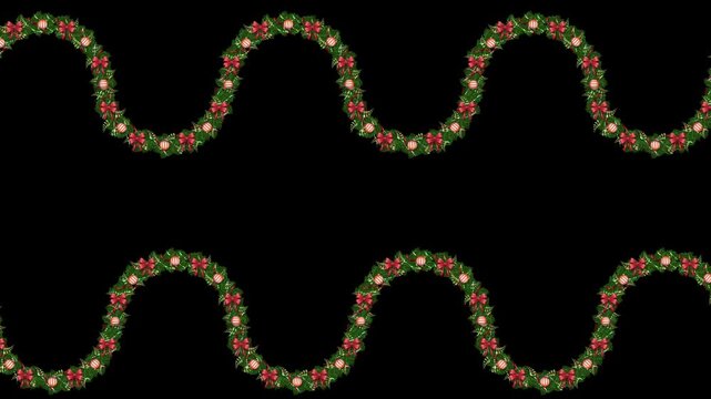 Green fir boughs twist in a wave pattern across the black space. Sparkling baubles and red ties adorn the flowing decorations.