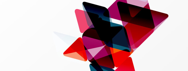 Abstract geometric shapes overlap, creating vibrant color blends. Composition focuses on reds, blues, blacks against white background.