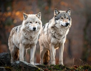 Two wolves in autumn forest