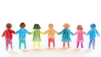 Colorful diverse group of children holding hands in unity representing friendship and togetherness isolated on white background