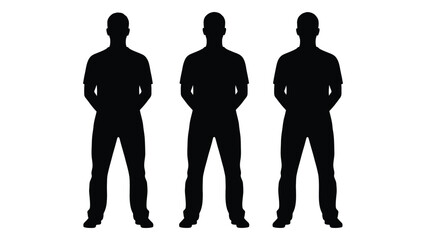 Three identical male figures stand in a row presented as a stark black silhouette