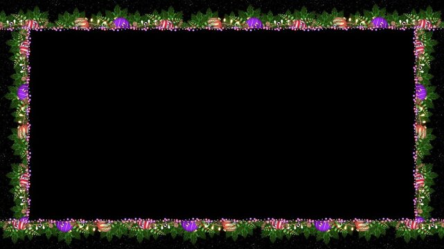 Green pine needles form a rectangular shape decorated with sweet treats and bulbs. The black background highlights the twinkling stars and colorful baubles