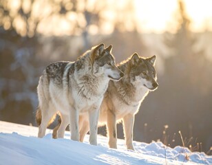 Two wolves in snowy landscape at dawn