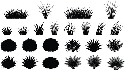 Grass silhouettes, bush shapes, foliage icons, black vegetation, landscape design, nature graphics, garden elements, plant outlines, stylized greenery, digital assets © Creative Asif