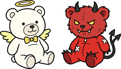 Angel and devil teddy bear illustration, cute cartoon good versus evil toy characters for stickers, posters, branding, kids design