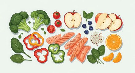 Overhead view of various healthy ingredients arranged on white background