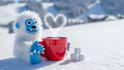 Cozy knitted plush yeti holding a red mug with hot cocoa and heart-shaped steam. Winter gift idea for Christmas or Valentine's Day