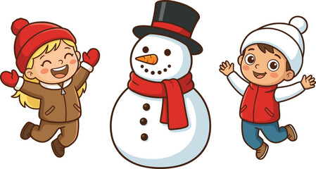 Cute winter children with snowman illustration, happy cartoon kids wearing warm clothes celebrating snowy season, Christmas holiday fun design Cute winter 