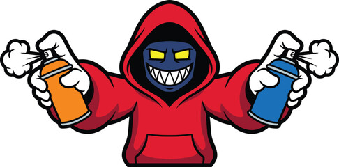 Graffiti vandal mascot character, hooded spray paint artist illustration, street art rebel cartoon, urban graffiti design, aggressive creative vector