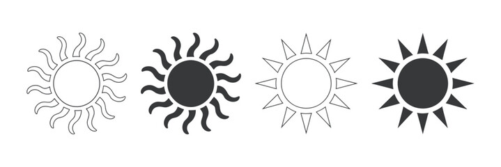 A collection of four distinct sun icons presented in varying styles of line and fill designs