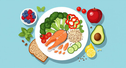 Healthy food illustration with salmon vegetables berries and avocado