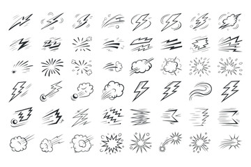 A collection of hand drawn explosion lightning sparkle and smoke effect illustrations in black and white