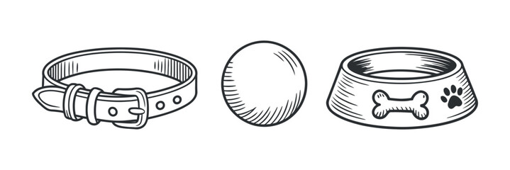 a simple black and white illustration depicts a dog collar an egg and a pet food bowl