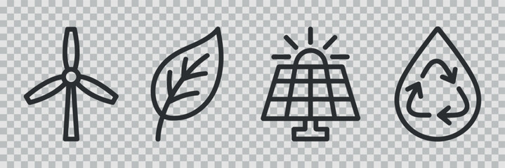 Line art depicting renewable energy sources including wind leaves sun solar panels and recycling symbols for sustainability