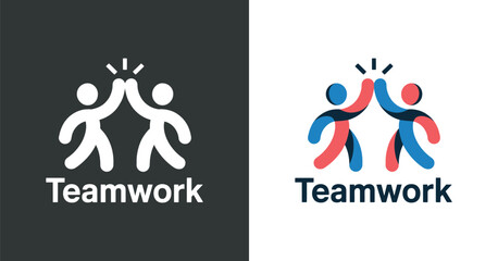 A visual representation of teamwork is shown with two stylized figures celebrating success in contrasting colors