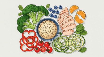 Clean eating illustration showing balanced meal prep ingredients on white table