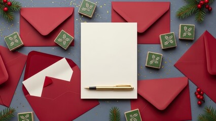 Flat lay of red envelopes and blank card with pen for holiday greetings.