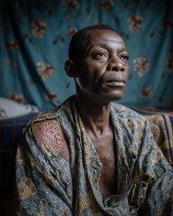 Monkeypox Outbreak (Mpox), Portrait of a man with visible skin condition on shoulder, sitting indoors
