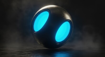 Metallic sphere with glowing blue elliptical apertures rests on a dark, misty surface